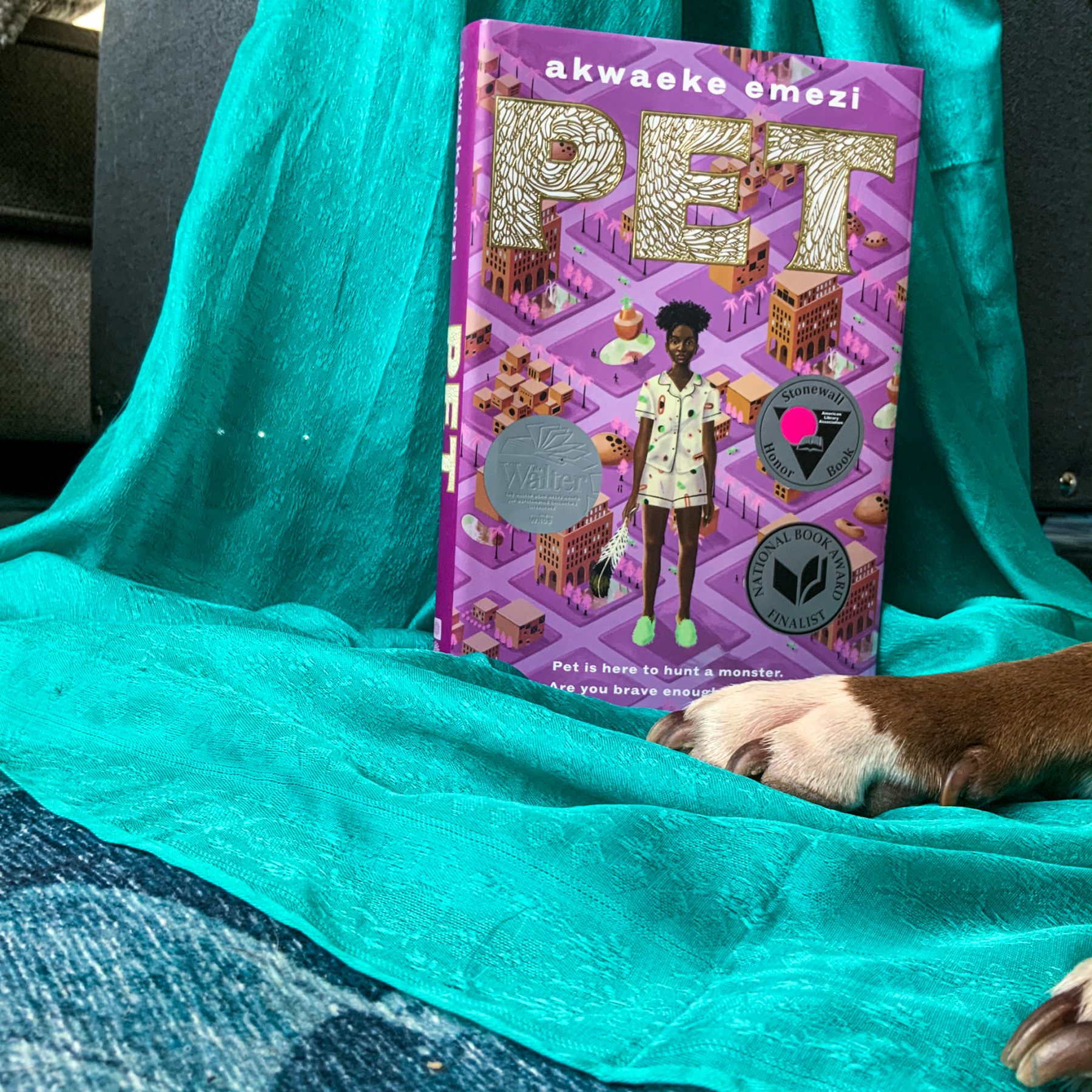 Book Pet on a teal background with dog paws coming in from the right side of the frame