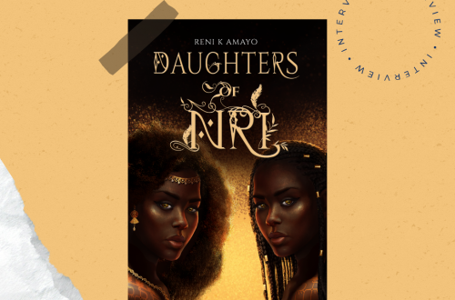 Book cover of Daughters of Nri on a yellowish gold background. Reni. K Amayo is written in calligraphy in the top left, and interview is written 3 times in a circle in the upper right.