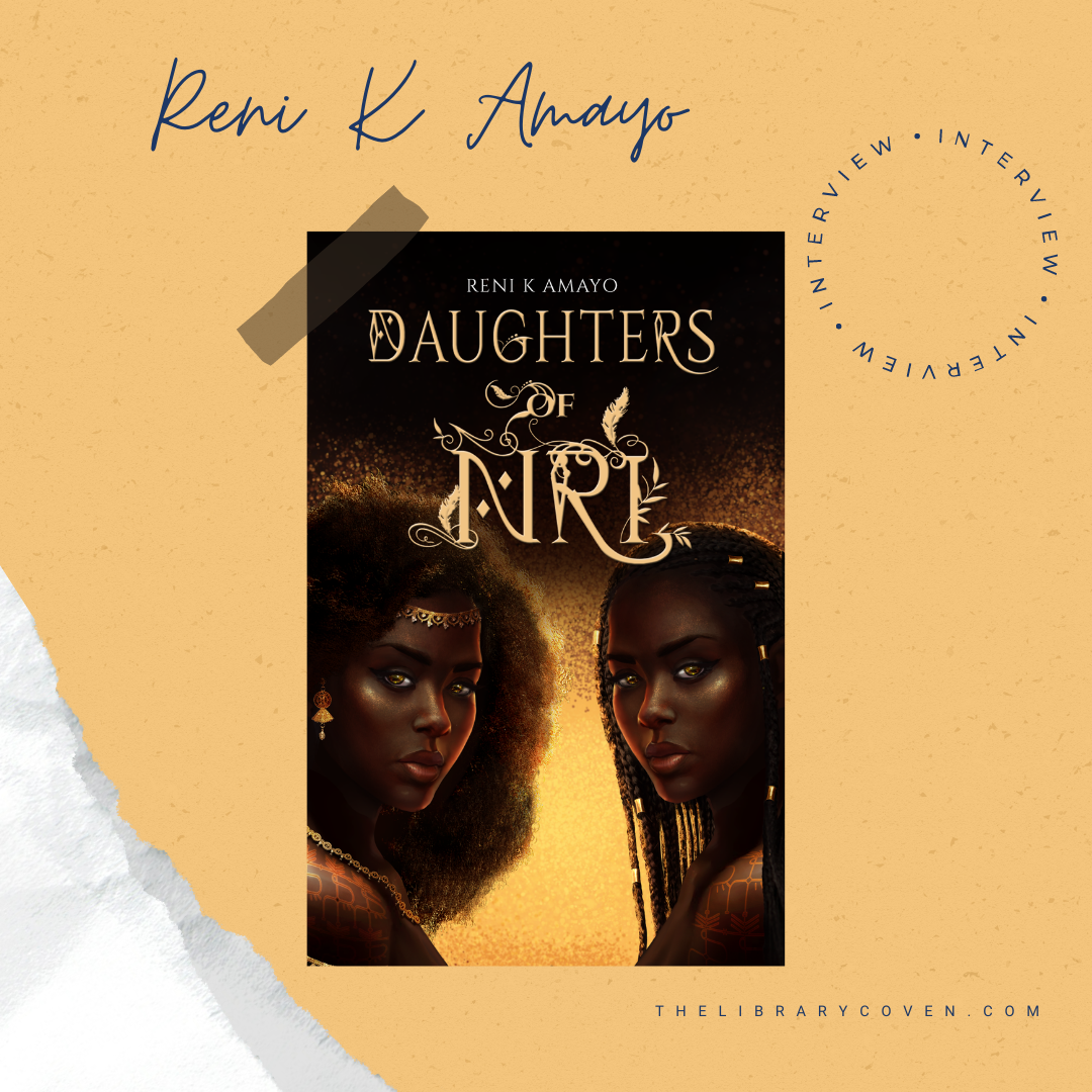 Book cover of Daughters of Nri on a yellowish gold background. Reni. K Amayo is written in calligraphy in the top left, and interview is written 3 times in a circle in the upper right.