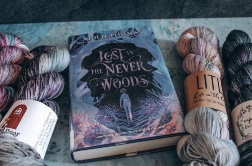 Lost in the Never Woods rests on a blue marble background between four skeins of variegated blue and purple yarn