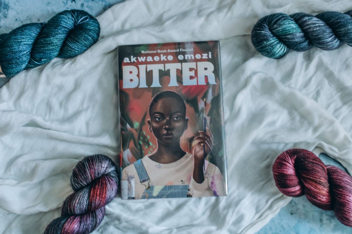 Bitter on a while cloth surrounded by 4 skeins of teal, red, and multi-colored yarn.