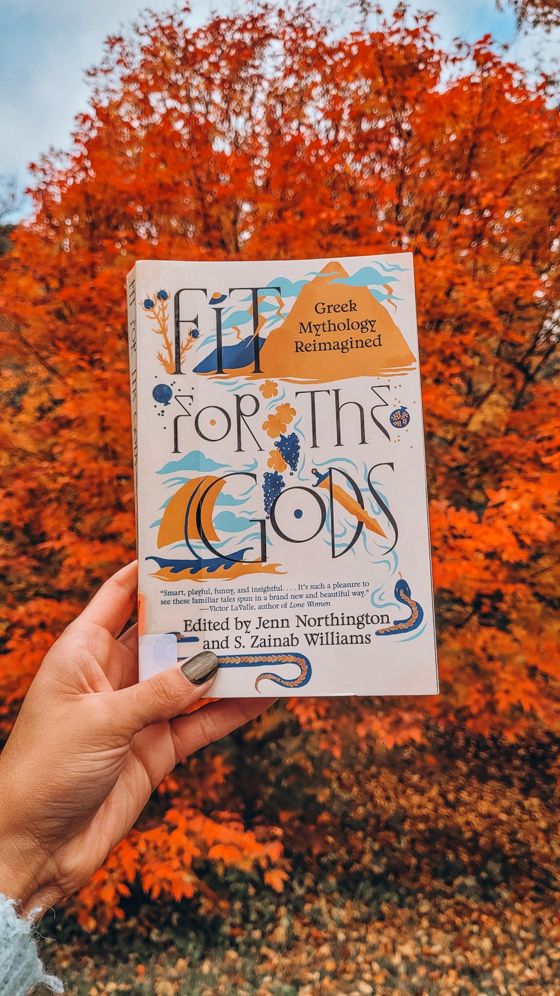 A light brown hand with dark nail polish holds a paperback of Fit for the Gods in front of a blazing orange tree and blue sky.